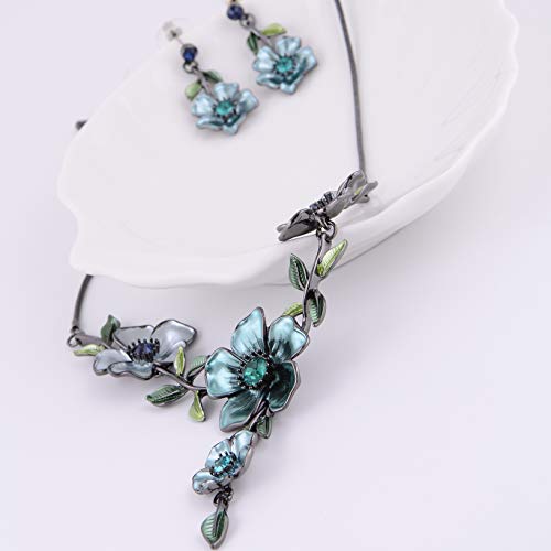 AMYJANE Vintage Statement Jewelry Set - Spring Leaf Flower Floral Plant Necklace Earring Set Crystal Rhinestone Fashion Costume Jewelry for Women Prom Party Unique Gift - style: Blue Flower Green Leaf
