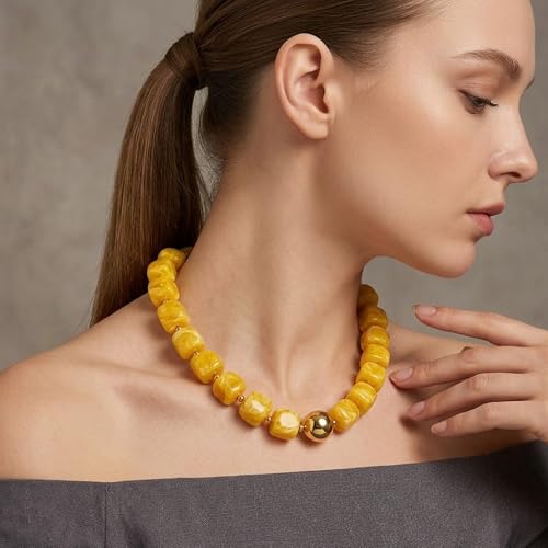 Mchic Colorful Beaded Choker Necklace for Women: Boho Large Square Acrylic Beaded Necklace Stainless Steel Adjustable Surfer Beach Strand Necklaces Summer Handmade Jewelry Gift for Women - color: Yellow1