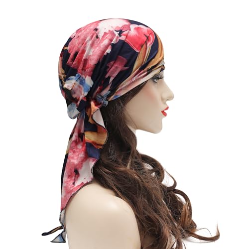 ZLYC Chemo Headwear Pre Tied Head Scarf Headwraps Lightweight Turban Beanie Cap for Women - color: Flower Black