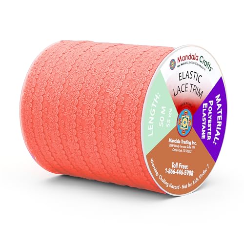 Mandala Crafts Coral Stretch Lace Soft Elastic Trim Roll - 55 Yards 1 Inch Wide Stretchy Frilly Picot Ribbon for Sewing Lingerie, Headbands, Underwear, and Crafts - color: Coral