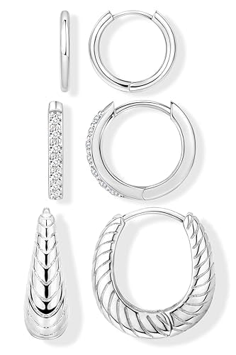 Poxtex Small Sterling Silver Huggie Hoop Earrings Set for Women, Hypoallergenic 14K Gold Plated Hoops Stacks for Multiple Piercings, Dainty Cute Mini Lightweight Cartilage Studs Trendy Jewelry Gift - color: Silver-chunky twisted hoop