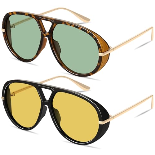 GRFISIA Retro Oversized Aviator Sunglasses for Women Men Metal 70s Aviators 2026 Fashion Shades for Beach Vacation UV400 - color: (2pcs) Tortoise/Green+black/Yellow