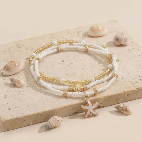 Boho Beads Beach Layered Anklet Set for Women, Handmade Gold Starfish Pearl Shell Anklets Summer Ocean Accessories Jewelry Gift - color: Gold Starfish Shell