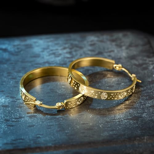 Stainless Steel Hoop Earrings for Women Gold Tone Geometric, Huggie Heart Twisted Minimalist Engraved Designs for Daily Wear - color: Gold-Hoop_30*4*1.4mm