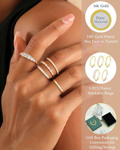 Stackable Silver/Gold Rings for Women Non Tarnish Trendy Dainty 14K Gold Plated Stacking Cubic Zirconia Thumb Ring Set Minimalist Promise Wedding Bands Engagement Rings for Women Size 6-10 - color: B-5pcs-Gold, size: 6