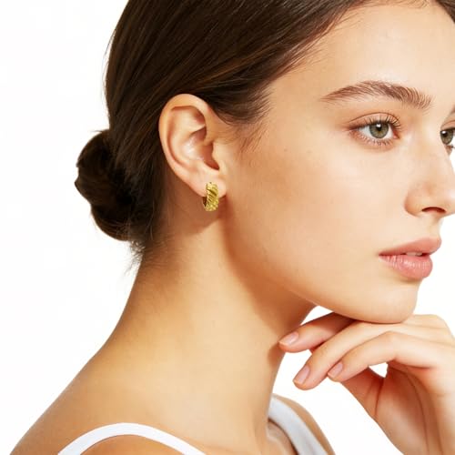 Small Chunky Huggie Hoop Earrings for Women - 18K Gold Plated Boho Ethnic, Hypoallergenic Dainty Vintage Gifts for Women - color: Twisted Rope