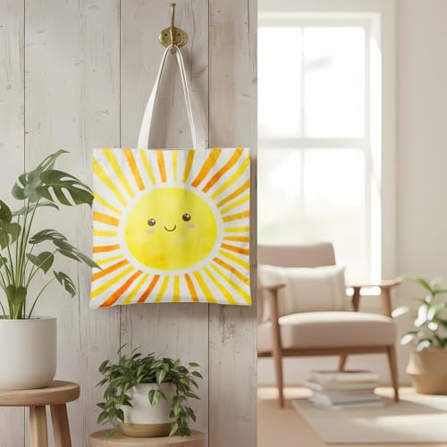 Boho Sun Sunshine Tote Bag, Colorful Canvas Tote Bags, Reusable Grocery Shopping Bag - color: Yellow Sunshine