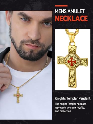 FaithHeart Knights Templar Necklace for Men, Christian Necklace for Men Stainless Steel Pendant Neckalces Christian Gifts with Gift Box - color: 02. Cross-Gold