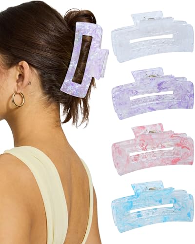 4Pcs Large Acrylic Hair Claw Clips, Nonslip Cute Hair Clips for Thick Hair and Long Hair, Rectangle Marble Claw Clips Hair Accessories for Women and Girls - color: White + Purple + Red + Blue