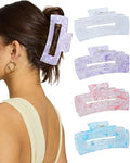 4Pcs Large Acrylic Hair Claw Clips, Nonslip Cute Hair Clips for Thick Hair and Long Hair, Rectangle Marble Claw Clips Hair Accessories for Women and Girls - color: White + Purple + Red + Blue