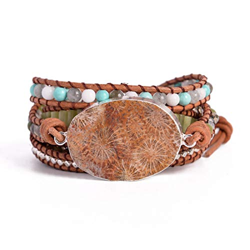 YGLINE Boho Handmade Wrap Leather Tube Crystal Stone Bracelet for Women - color: Agalmatolite