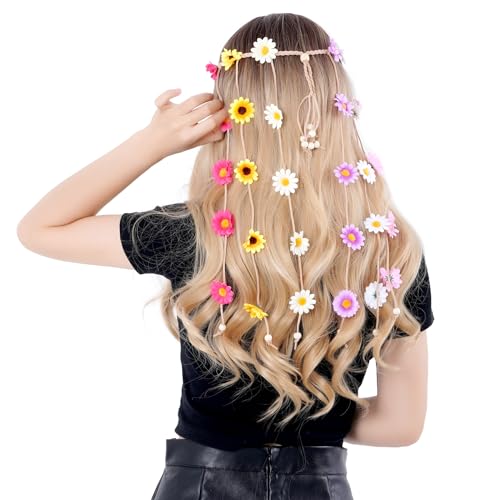 Sucrain 2pcs Flower Hippie Headband Floral Crown Summer Sunflower Hair Accessories for 70s Bohemian Costumes Style for Women (White+Colorful) - color: White+Colorful