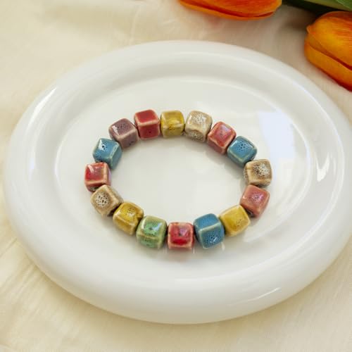 Handmade Multi-Color Faceted Ceramic Beads Bracelet for Women, Boho Stretch Bracelet with Oval Colorful Glazed Beads, Adjustable Bohemian Jewelry Gift for Mom Wife - color: Colorful (1cm Cube)