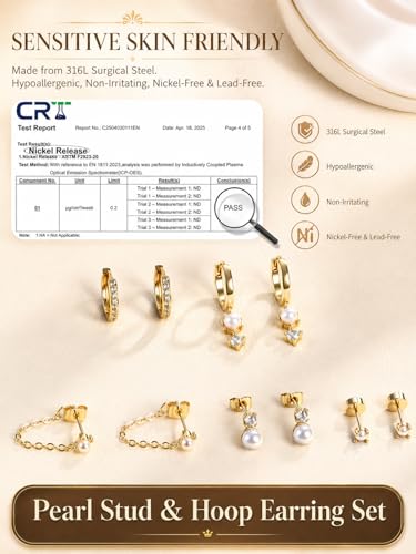 LOYALLOOK Hypoallergenic Flat Back Stud Hoop Earrings for Women, 14K Gold Plated Surgical Steel Earring Stacks Set for Sensitive Ears, Dainty Dangle Chain Silver Cartilage Earring Trendy Piercing Jewelry - color: Gold-pearl