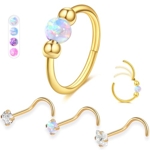 Opal Nose Ring Studs Horseshoe Nose Rings Hoops Stud 316L Stainless Steel Nose Rings Round CZ Square Screw L Shaped Nose Stud Hypoallergenic Nostril Piercing Jewelry for Women Men - color: Gold/White gem/18g 10mm hoop/Screw Studs