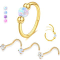 Opal Nose Ring Studs Horseshoe Nose Rings Hoops Stud 316L Stainless Steel Nose Rings Round CZ Square Screw L Shaped Nose Stud Hypoallergenic Nostril Piercing Jewelry for Women Men - color: Gold/White gem/18g 8mm hoop/Screw Studs