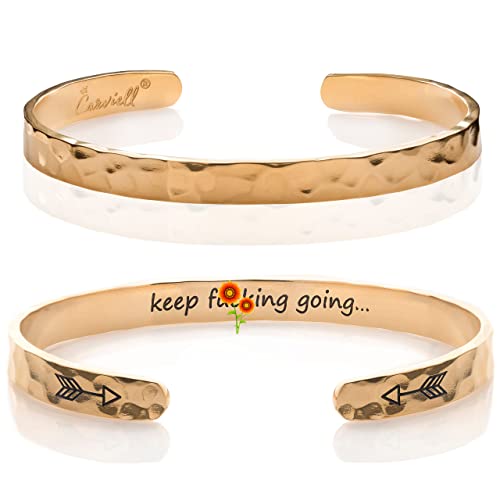Carviell Bracelet - Gifts for Women – Inspirational, Friendship, Love, Mom, Daughter, Sister, Christian, Graduation, Memorial & Wedding Gifts – 100+ Phrases – Stainless Steel, Gift-Ready - style: BADASS Gift - Keep F##king Going - GOLD