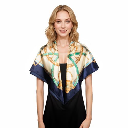 RIIQIICHY Head Scarf for Women Like Silk Scarf Hair Scarf Printed Square Scarf Bandanas for Women 35 Inches - color: Navy/Yellow/Gold/Green/Blue