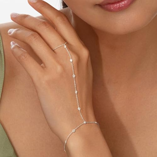 Risamil 14K Gold Plated Hand Chain Bracelets for Women Trendy, Dainty 2PCS Ring Bracelet Hand Chain Finger Bracelets Layered Stackable Link Bracelets for Women Jewelry Gifts for Women - color: CZ-Silver