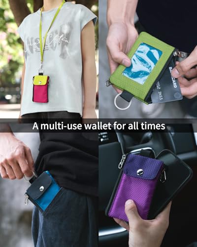 Artpaxy Minimalist Wallet For Mens Womens, Keychain RFID Blocking Zipper Small Wallet with ID Window 2 Lanyards,Water Resistant Travel Cash Card Coin Case Boys Girls - color: Blue green+Lime green, style: Casual