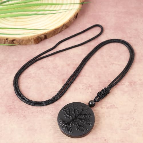 Obsidian Tree of Life Necklaces Orgonite Healing Crystal Stone Pendant Necklace for Spiritual Healing and Meditation Energy Talisman Sacred for Men Women - color: Black obsidian 1