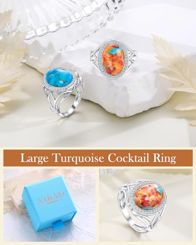 AIBAO 4-12 Ct Large Oval Engagement Rings for Women Natural Turquoise/Lapis Lazuli/Malachite Celtic/Infinity/Love Knot Halo Ring Size 6 to 10 Anniversary Christmas Valentines Gift - style: 4.62 Ct Orange Oyster Turquoise & Created White Sapphire