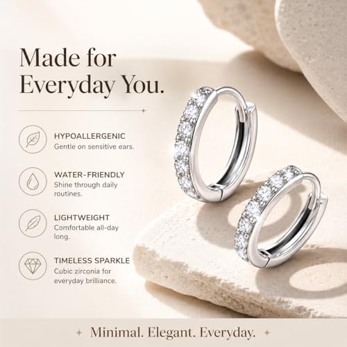 925 Sterling Silver Huggie Hoop Earrings for Women Men, Hypoallergenic Small Sleeper Hoop Earrings for Sensitive Ears, Lightweight Tiny Cartilage Helix Tragus Hoops 6mm 8mm 10mm - size: silver white Cubic Zirconia 8mm