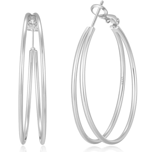 OOOPEL Large Thin Double Hoop Earrings for Women Lightweight Hypoallergenic 925 Sterling Silver Post 14K Gold Hoops Non Tarnish Sturdy Big Thin Double Layered Hoop Earrings 30/40/50/60mm - color: Silver, size: 40mm