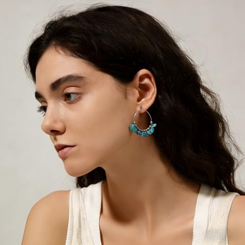 Boho Earrings for Women Natural Stone Beaded Handmade Vintage Dangle Earrings Bohemian Lightweight Hypoallergenic Jewelry for Dailywear Festival Occasions - color: Turquoise hoop