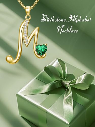 Birthday Gifts for Women 18k Gold Initial Necklaces for Women Simple Alphabets Letters with Birthstone Pendants Name Jewelry Anniversary Wedding Gifts for Sister Daughter Her (with Gift Box) - color: 05-May-Emerald, style: Letter M