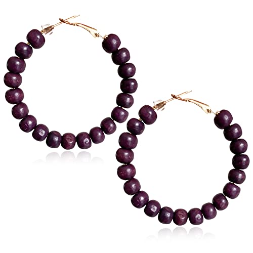 Handmade Nature Wooden Beaded Hoop Earrings Bohemian Minimalist Colorful Circle Round Wood Bead Earrings Vintage Chic Wooden Ethnic Dangle Drop Earrings for Women Statement Jewelry Gifts - color: Dark Purple