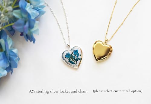 Handmade Dried Pressed Flower Heart Shaped Photo Locket Pendant Necklace - color: Gold, style: Orange Flower on Green