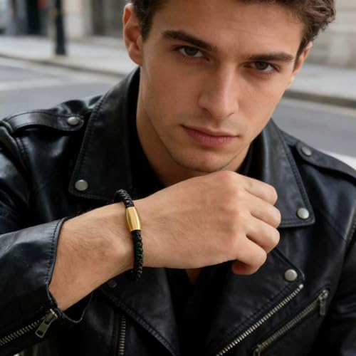 Men's Leather Bracelet, Stackable Stainless Steel Clasp Bracelets for Men Stylish Birthday, Thanksgiving, Valentine's Day Gift for My Man - style: 8.2" Black and Golden