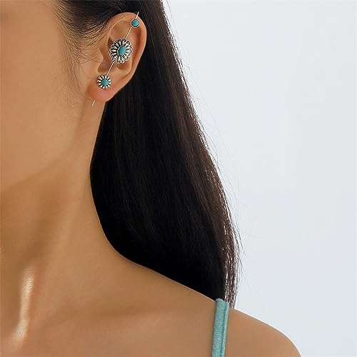 Turquoise Ear Wrap Crawler Hook Stud Earrings for Women Girls Silver Plated Blue Birthstone Flower Long Bar Piercing Ear Cuffs Boho Statement Earrings Bohemian Indian Bollywood Wedding Birthday Christmas Jewelry Gifts - style: Daisy