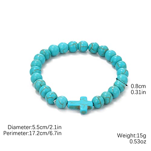 Turquoise Bracelet for Women, 8mm Beaded Stretchable Unisex Bracelet, Boho Turquoise Bead Bracelet Stone Beaded Bracelets Turquoise Jewelry for Women - color: Cross