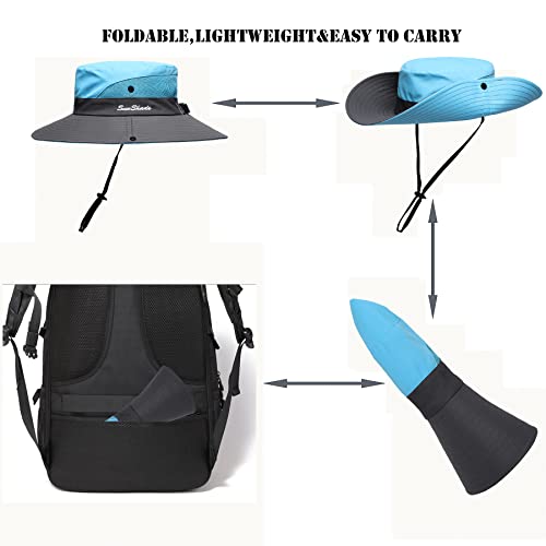 Womens Summer Sun Hat Beach Hat Wide Brim Outdoor UV Protection Hat Foldable Cool Mesh Ponytail Bucket Hat - color: Sky Blue-gray