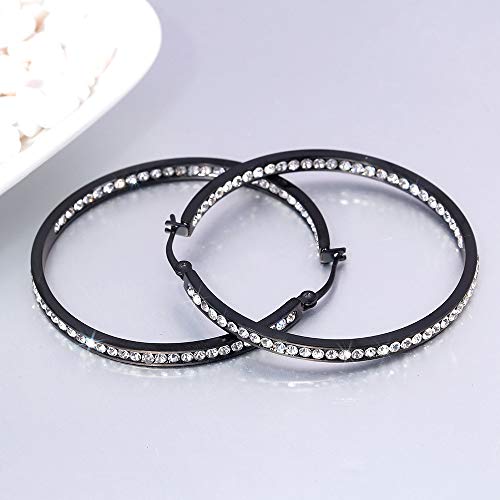 CiNily Mult-colors Crystal Stainless Steel Hoop Earring for Women Hypoallergenic Jewelry for Sensitive Ears Large Big Hoop Earrings 2" - color: Black Gold+White