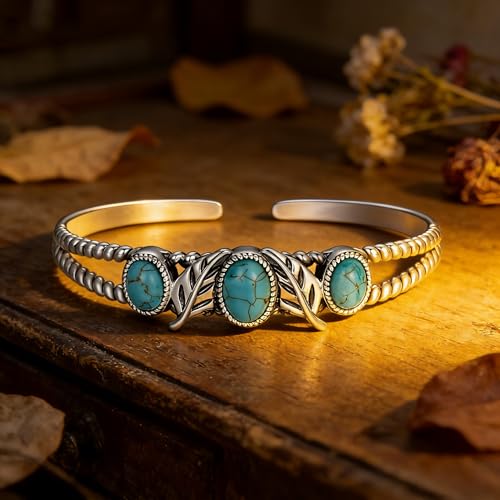 Genuine Turquoise Bracelet Cuff Bracelet for Women Mom 925 Sterling Silver Natural Turquoise Bangles Vintage Bracelet Boho Jewelry for Birthday Christmas Mother's Day Valentine's Day - style: Feather