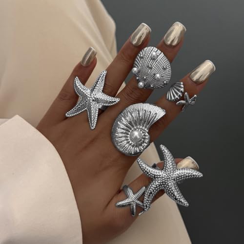 MIFYNN Chunky Gold Starfish Seashel Ring for Women Dainty Conch Pearl Ring Set Boho Ocean Stackable Rings Fashion Adjustable Beach Statement Rings Set Summer Charm Jewelry for Women - color: Silver-6Pcs