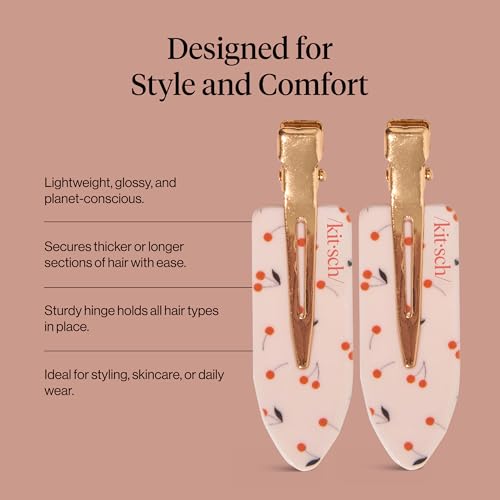 Kitsch Creaseless Hair Clips for Women - No Crease, No Bend Hair Clips for Styling, Bangs, Makeup Application, Face Wash - Recycled Acrylic - Cherry Print | Ideal Gifts for Women, 4pcs - color: Cherry Print