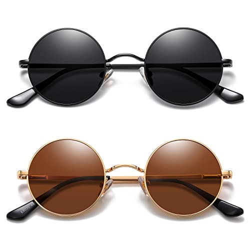 MEETSUN Small Round Polarized Sunglasses for Men Women Metal Retro Hippie Circle Sun Glasses Driving Festival Cosplay UV400 - color: Black / Gray + Gold / Brown