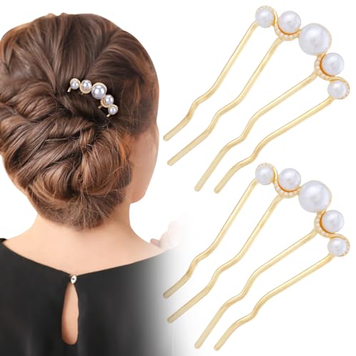 2 Pcs Pearl Hair Pins U Shaped, Elegant Vintage French Pearl Hair Comb, French Twist Hair Pin for Brides, Bridesmaid, Party, Daily, Holiday (Gold) - color: Gold