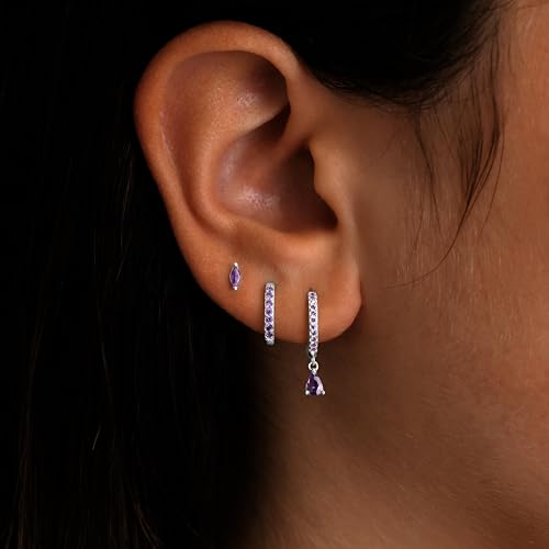 14K Gold Plated Small Huggie Hoop Earrings Set for Women, Hypoallergenic Dainty Sterling Silver Dangle Studs for Cartilage Helix, Lightweight Trendy Cute Stack Birthstone Jewelry Gift - color: 02_Amethyst_Feb_Silver