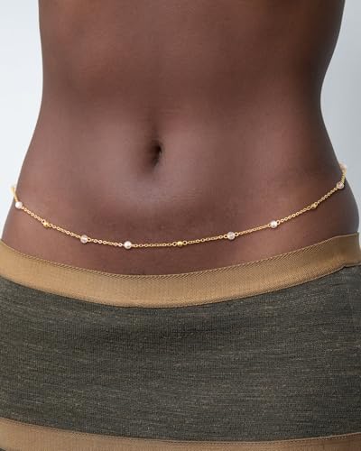 CHESKY Waist Beads for Women, Dainty 14k Gold Plated Waist Chain Beach Accessories Cute Belly Chain Body Chain Gold Chain Belts for Women Summer Beach Jewelry for Womens Gifts Rave Outfits for Womens - style: pearl beads-gold