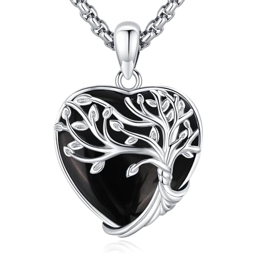 Turquoise/Amethyst/Moonstone/Black Onyx Tree of Life Necklace for Women Hummingbird Necklaces White Gold Plated Copper Jewelry - style: A-Tree of Life -Black Onyx