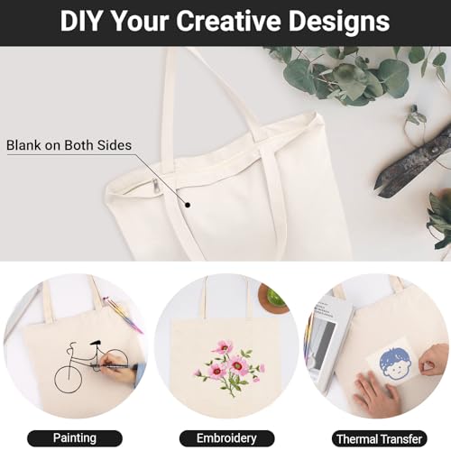 Segarty Canvas Bag with Zipper, 6 Pack 18x15in Blank Canvas Tote Bags for Women, Reusable Tote Bags Aesthetic with Natural Cotton Cloth, Shoulder Strap, Bulk for DIY Grocery Beach Travel Gift - size: 18"x15"x4.7", style: Beige_6pcs