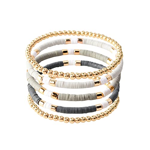 GOOJIDS Surfer Heishi Clay Bead Bracelets for Women Bohemian Stackable Gold Plated Beaded Stretch Bracelets Elastic Layering Friendship Bracelets Set Boho Jewelry - color: B-Grey Surfer Color &Gold Bead