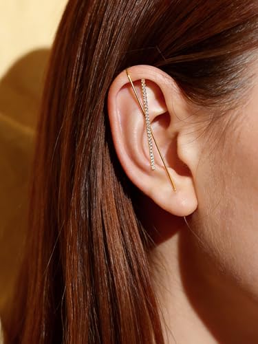 Ear Wrap Hook Earrings for Women Fashion Ear Cuff Crawler Earrings Silver Gold Long Piercing Crystal Curve Style Earring Stick Ear Wrap Earring Rhinestone Trendy Jewelry Gifts - color: slash-gold