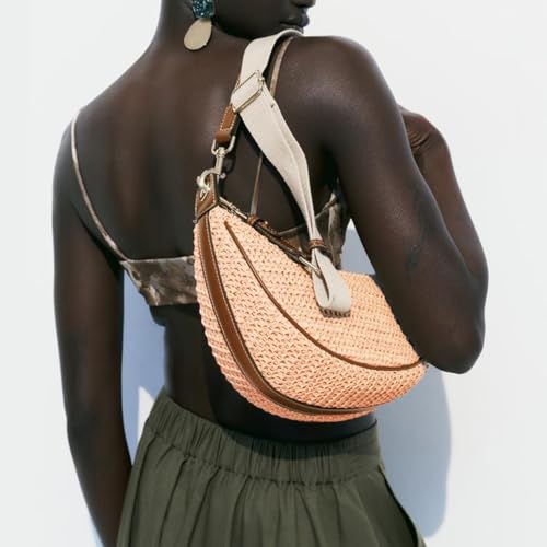 Straw Crossbody Bags for Women Crescent Woven Shoulder Handbag Summer Beach Hobo Purses with Adjustable Strap - color: Orange