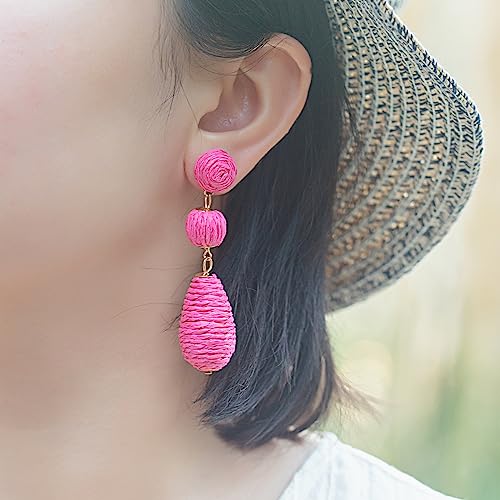 Boho Raffia Earrings Statement Dangle Earrings Cute Teardrop Ball Earrings Colorful Summer Jewelry Handmade Rattan Earrings for Women - color: Hot Pink